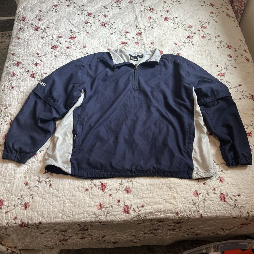 PING Golf Mens Navy 1/4 Zip Mock Neck White Accent Windbreaker Jacket Size XXL